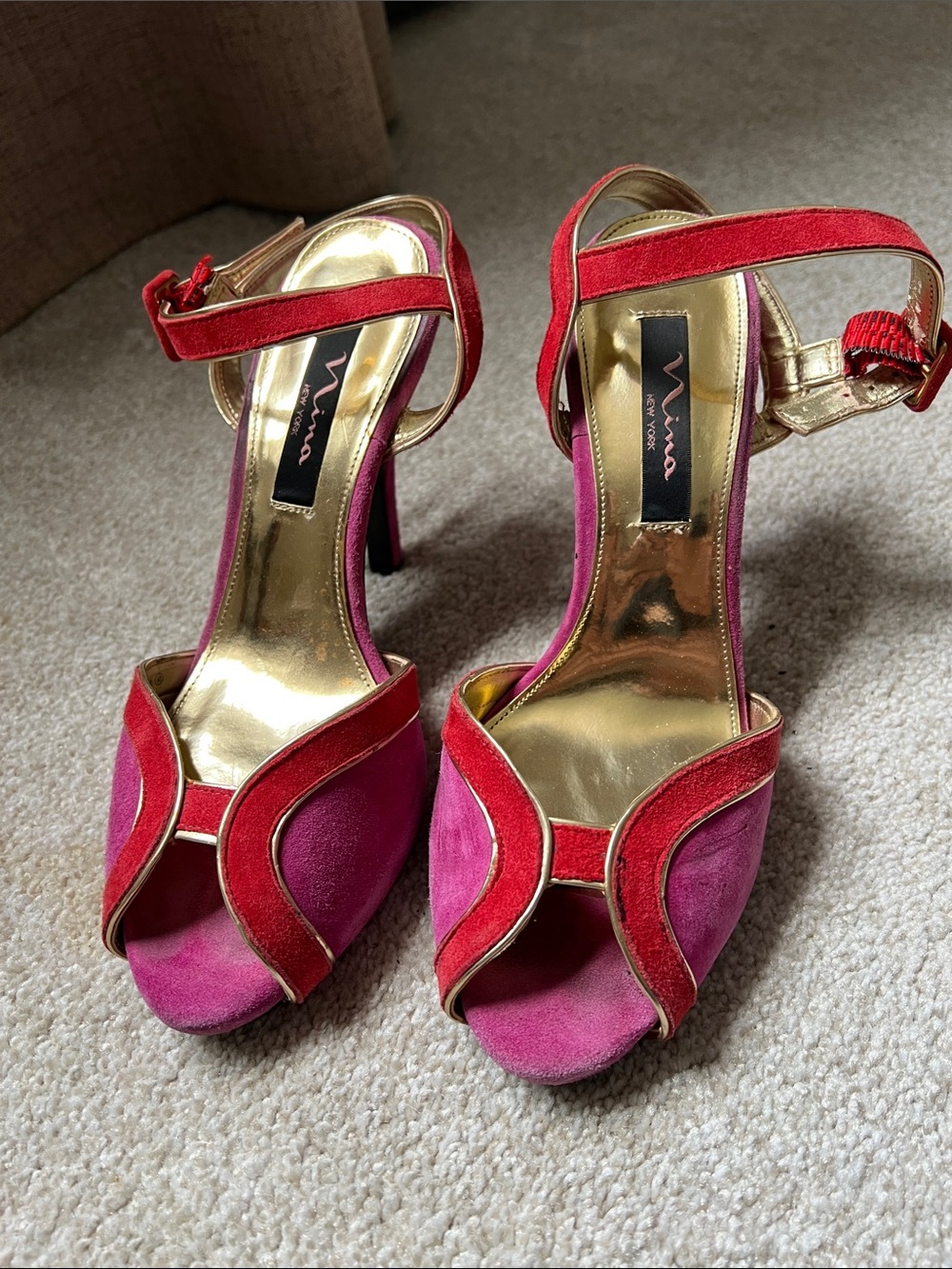 Nina Two-Tone Pink and Red Suede Open-Toe Heels